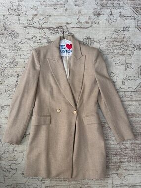 Beige Double-Breasted Wool Blend Blazer Coat